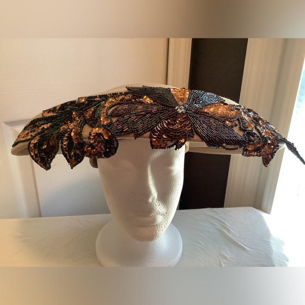 Tan wool hat w/ stitched Bronze Sequined overlay, Sleek & Pre-loved